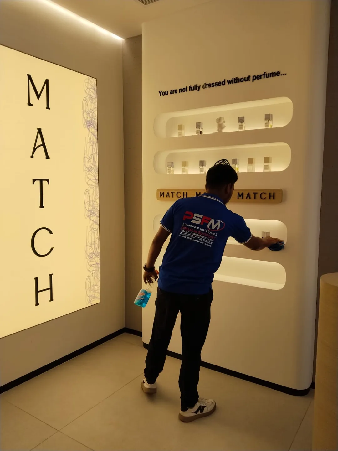PSFM team member cleaning a retail display